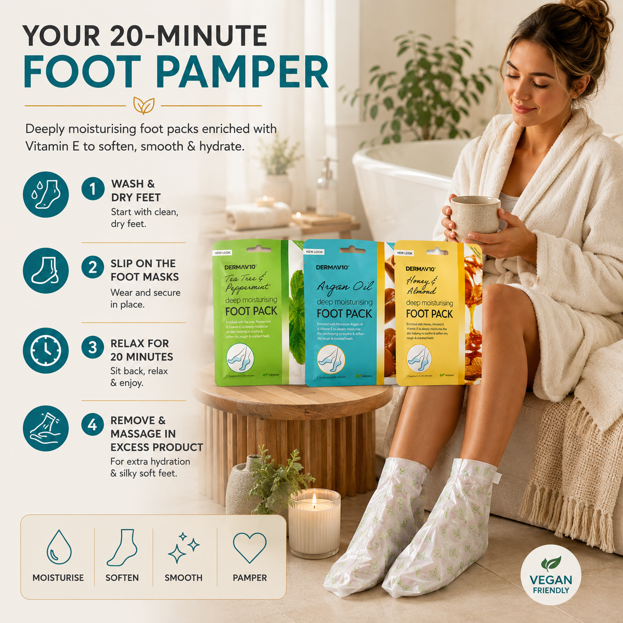 Derma V10 Deep Moisturising Foot Pack Honey & Almond Foot Masks - Vitamin E Enriched