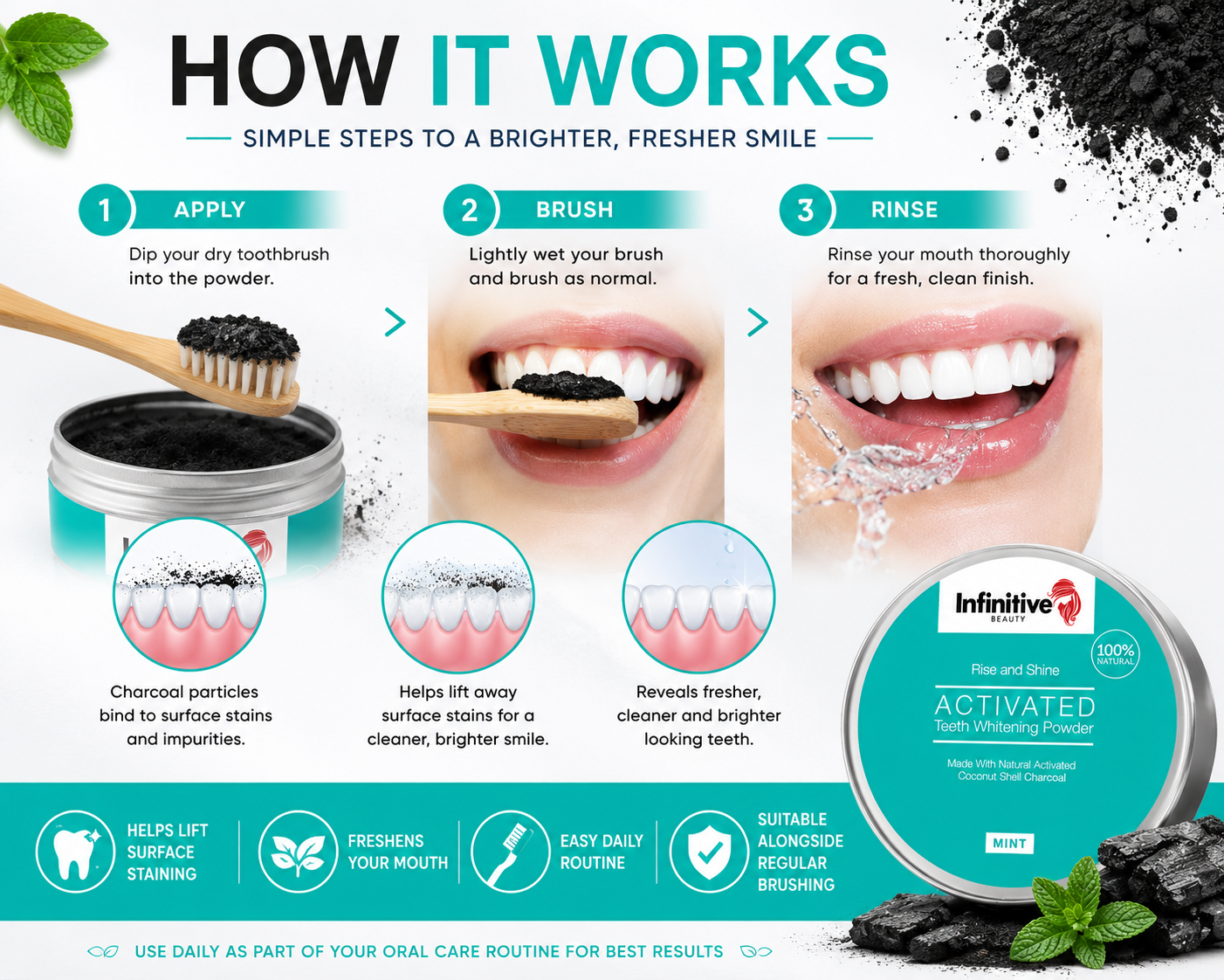 IB Rise &amp; Shine Activated Charcoal Teeth Whitening Powder – 50g