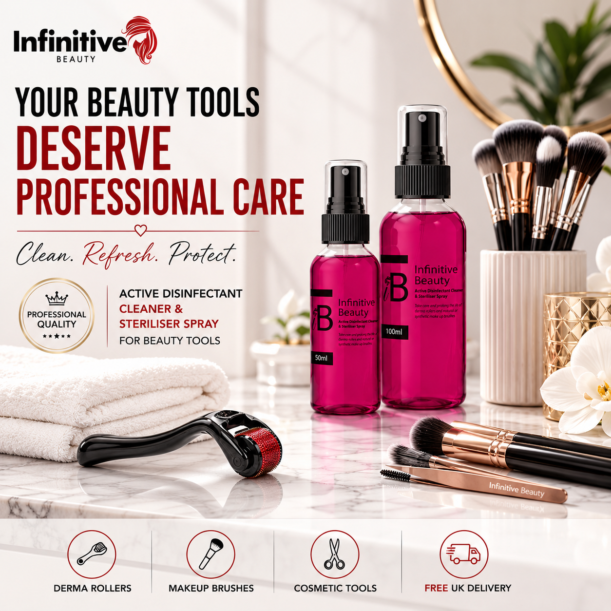 Infinitive Beauty Active Disinfectant Cleaner & Steriliser Spray | Derma Roller & Makeup Brush Cleaner | 50ml & 100ml