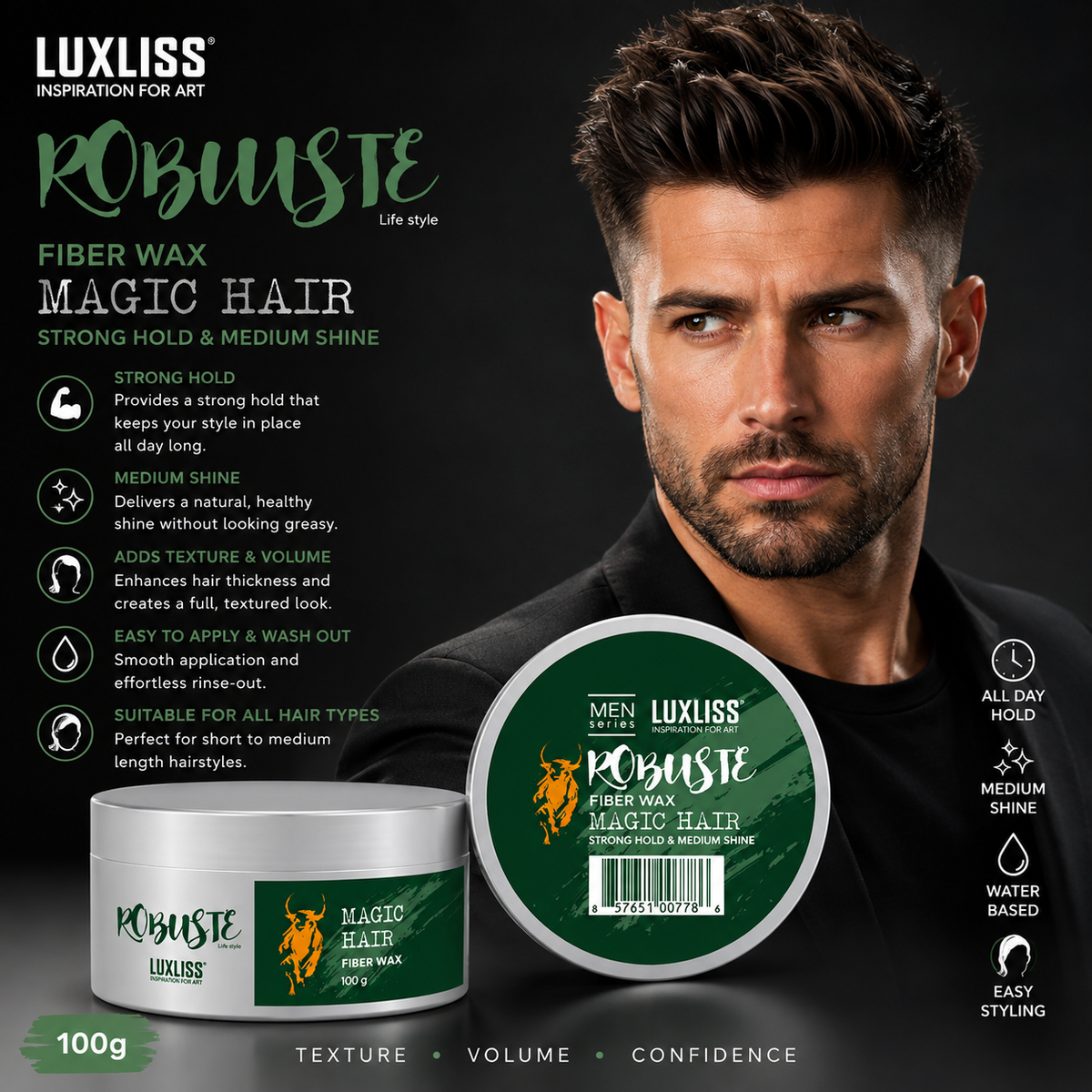 Luxliss Men Robuste Fibre Wax “Magic Hair” 100g – Strong Hold & Medium Shine