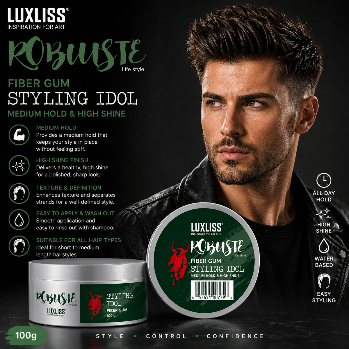 Luxliss Men Robuste Fibre Gum “Styling Idol” 100g – Medium Hold & High Shine