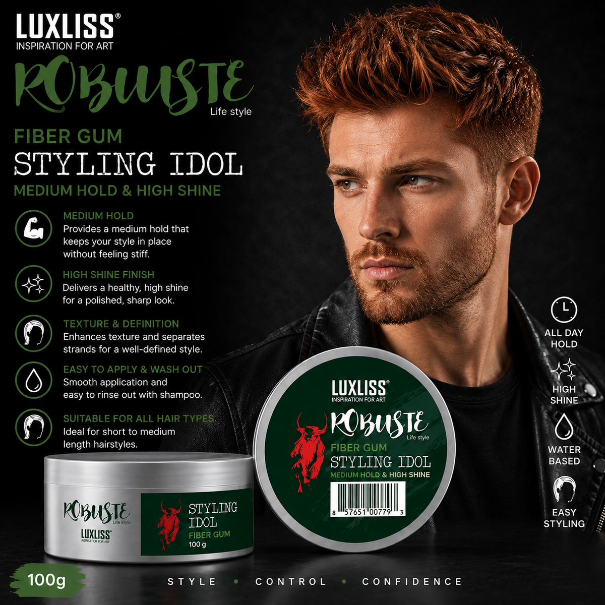 Luxliss Men Robuste Fibre Gum “Styling Idol” 100g – Medium Hold & High Shine