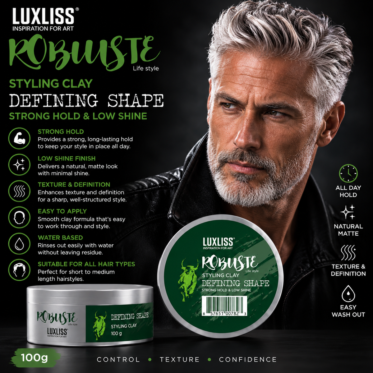 Luxliss Men Robuste Styling Clay “Defining Shape” 100g – Strong Hold & Low Shine
