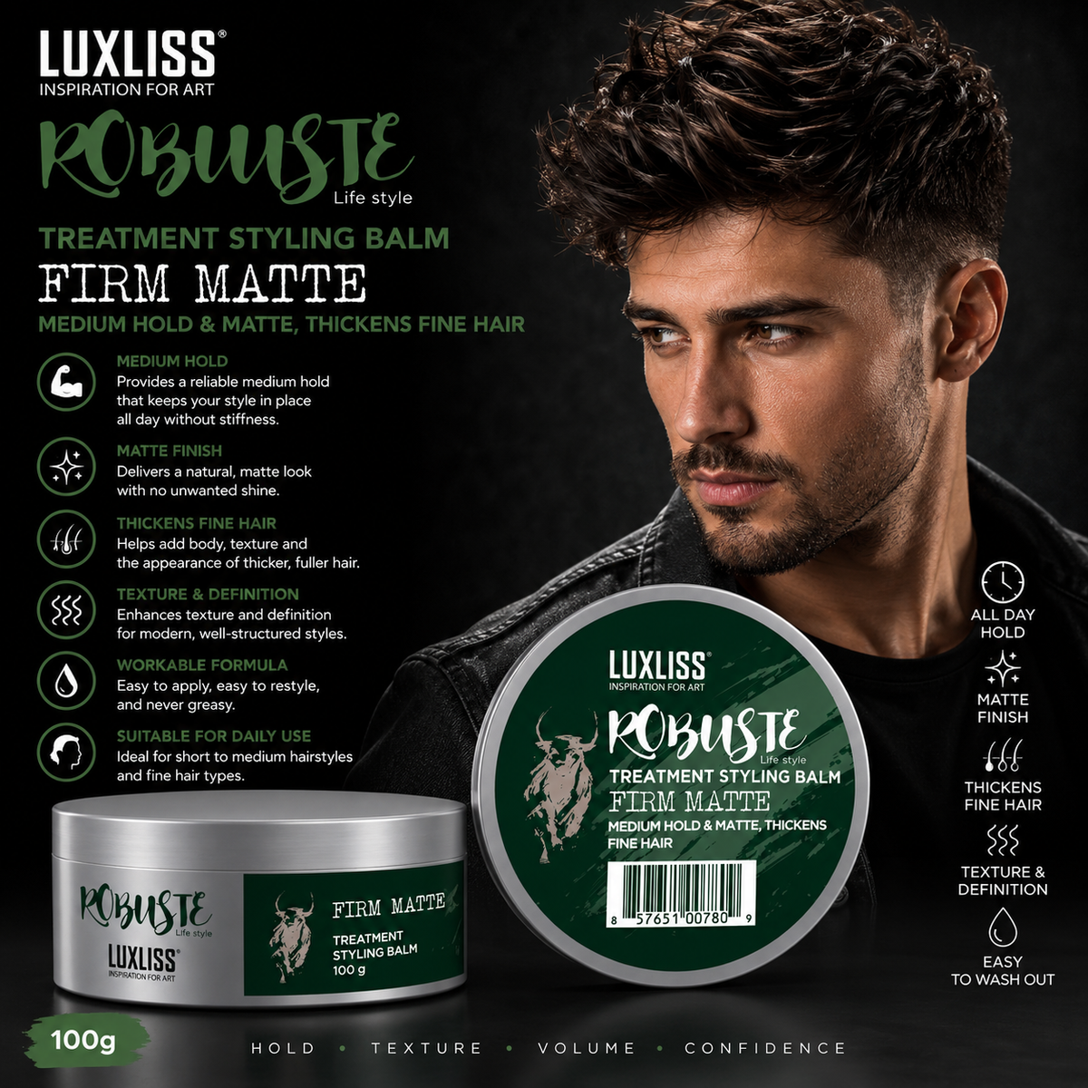 Luxliss Men Robuste Treatment Styling Balm “Firm Matte” 100g – Medium Hold, Matte Finish & Fine Hair Styling