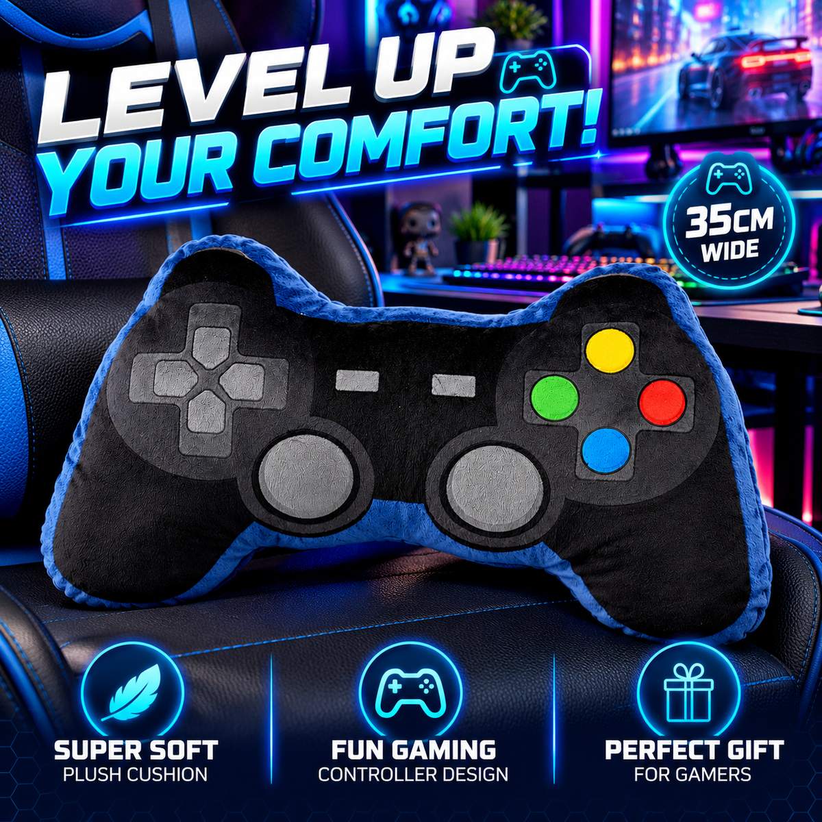 Puckator Plush Game Over Controller Shaped Cushion Home Decorative Gaming Gift Novelty Shape 115X35X8Cm