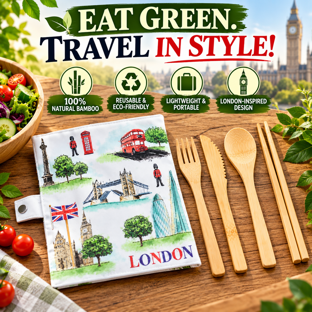 London Tour 100 Natural Bamboo Cutlery 6 Piece Set