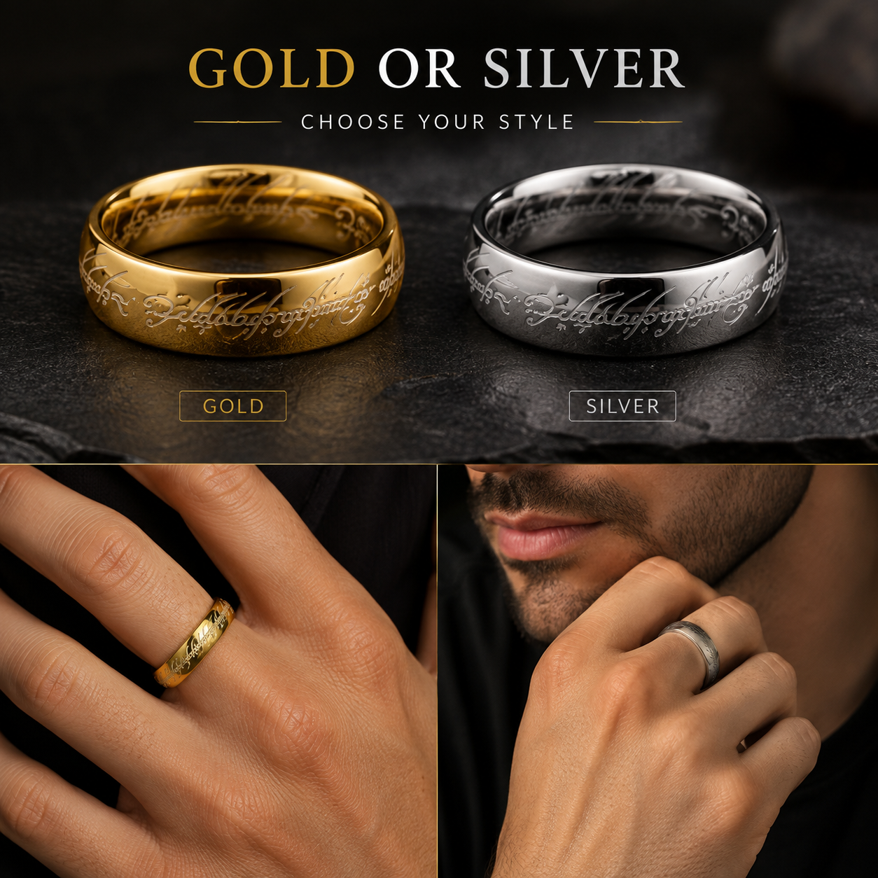 Inscribed Gold & Silver Rings – Fantasy Inspired Engraved Band
