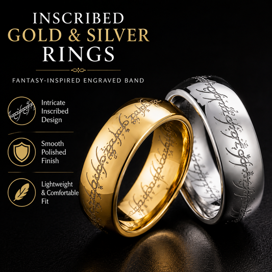 Inscribed Gold & Silver Rings – Fantasy Inspired Engraved Band