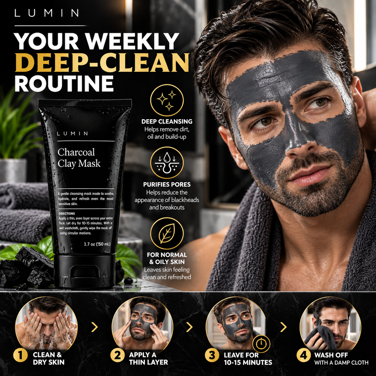 Lumin Skincare Charcoal Clay Mask 50ml – Deep Cleansing Face Mask for Men