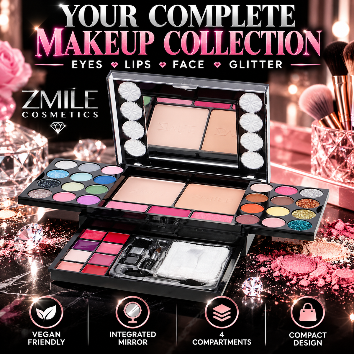 ZMILE Vegan Diamonds Makeup Set – All-in-One Makeup Palette with Mirror, Eyeshadow, Lip Gloss, Blush, Face Powder & Glitter