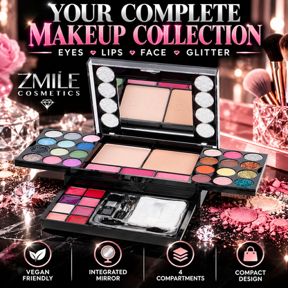 ZMILE Vegan Diamonds Makeup Set – All-in-One Makeup Palette with Mirror, Eyeshadow, Lip Gloss, Blush, Face Powder & Glitter