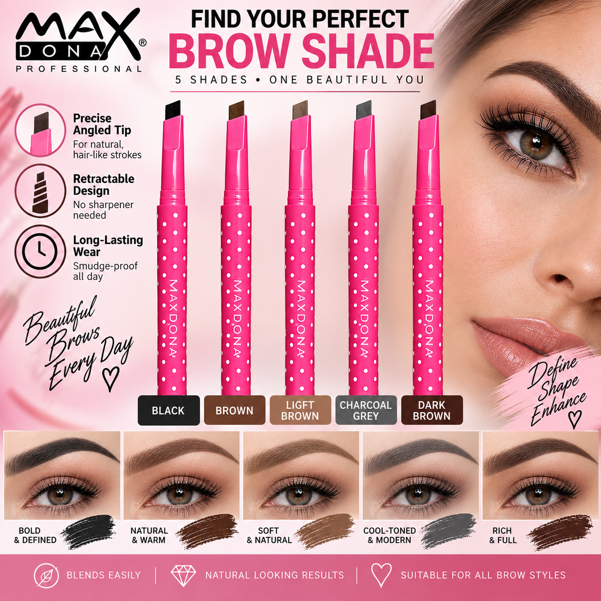 Maxdona Professional Retractable Eyebrow Pencils - Pink Case