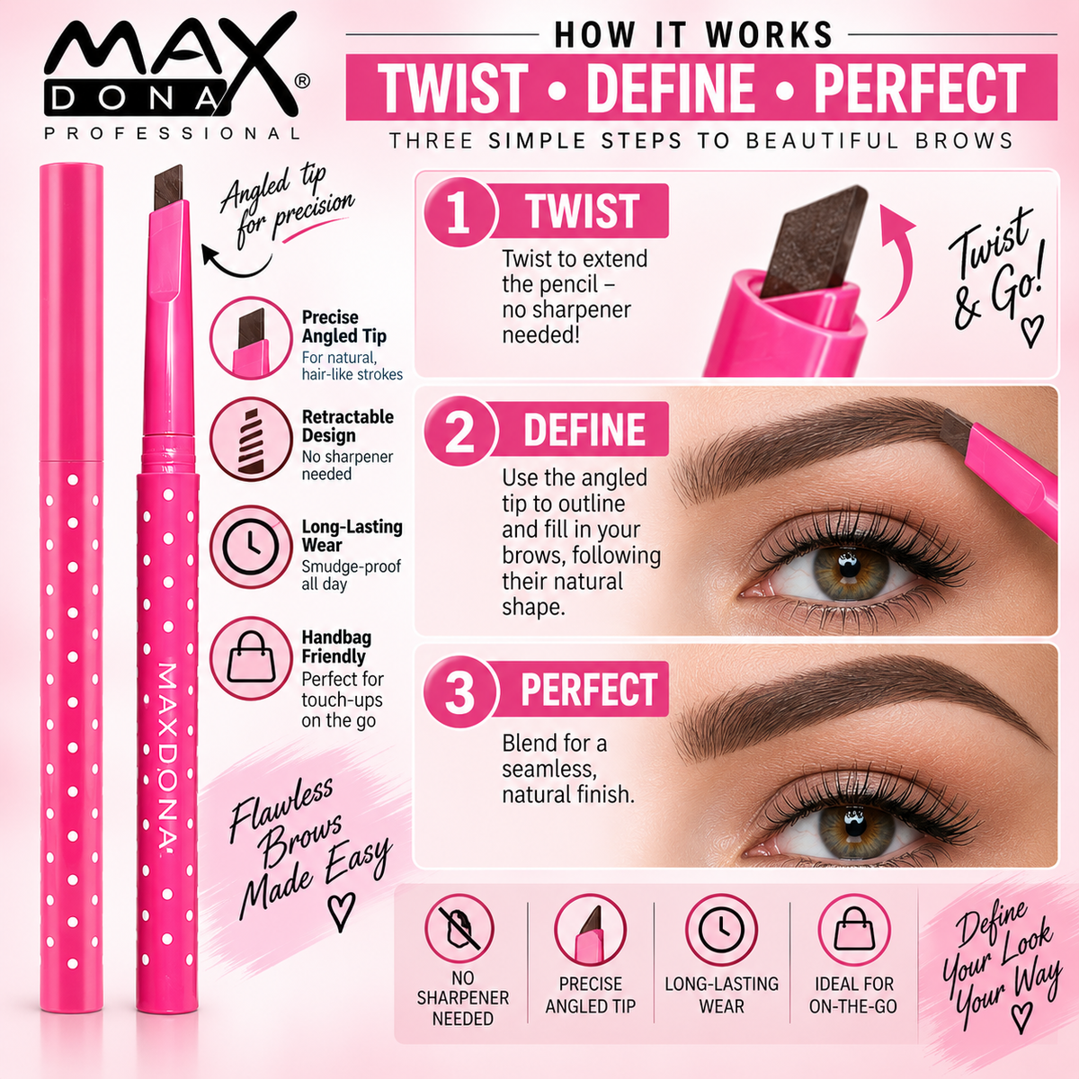 Maxdona Professional Retractable Eyebrow Pencils - Pink Case