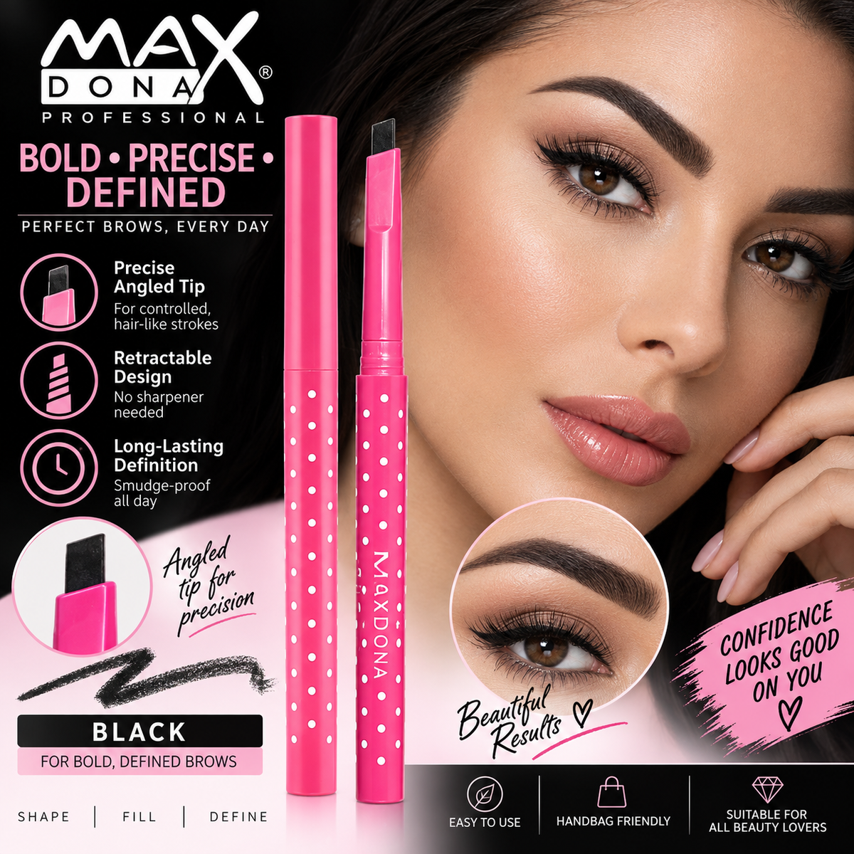 Maxdona Professional Retractable Eyebrow Pencils - Pink Case