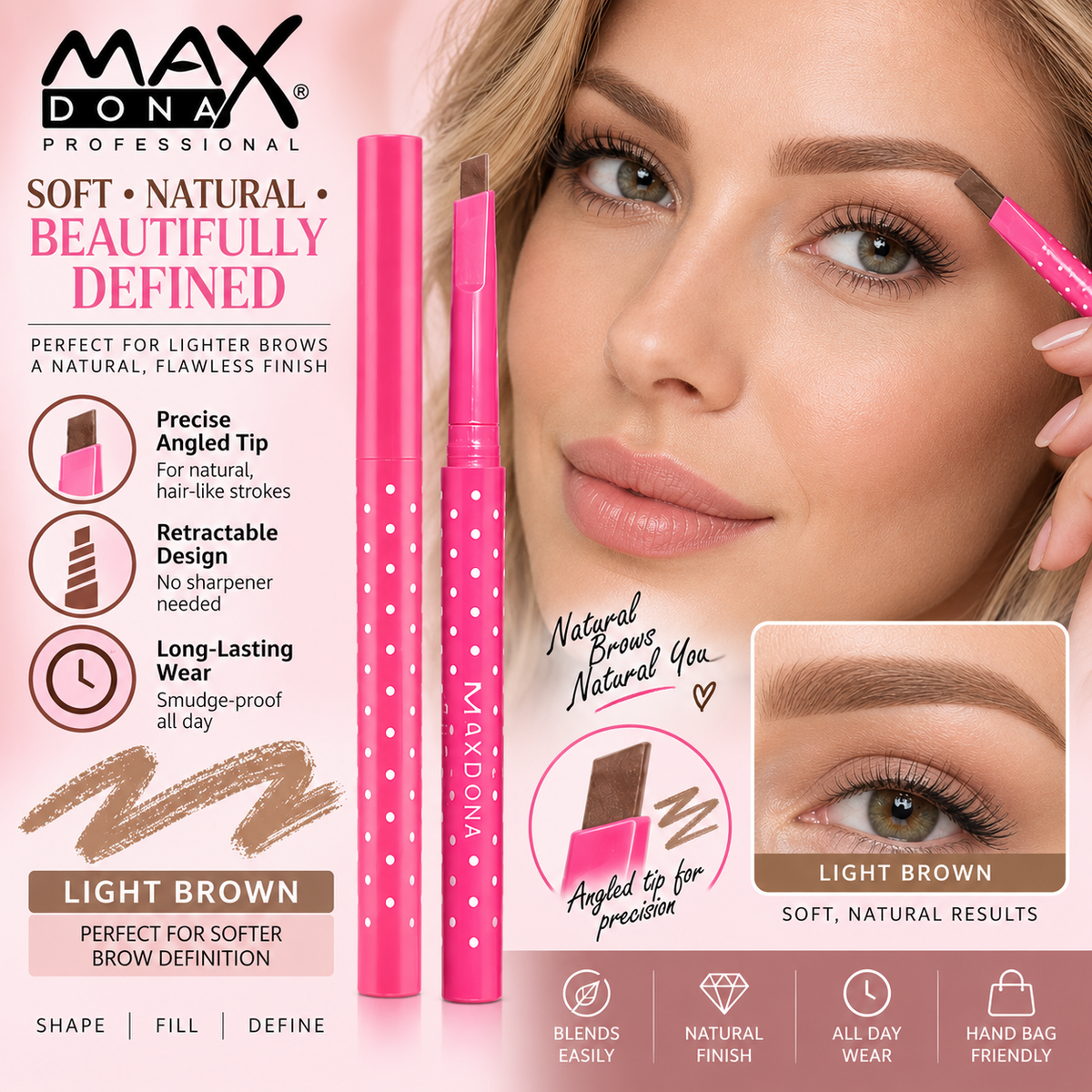 Maxdona Professional Retractable Eyebrow Pencils - Pink Case