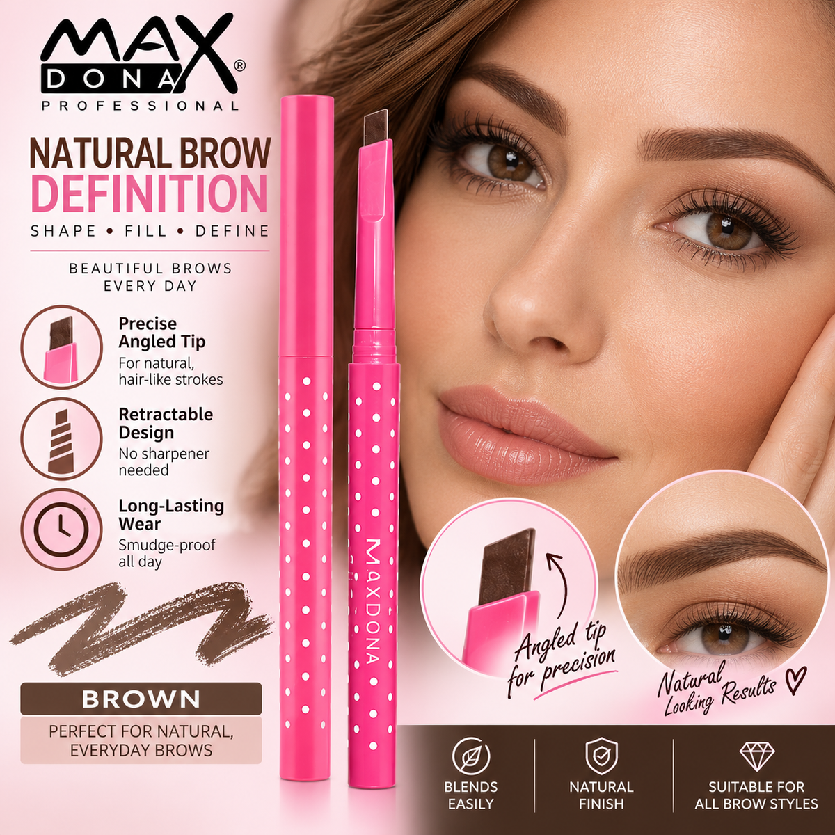 Maxdona Professional Retractable Eyebrow Pencils - Pink Case