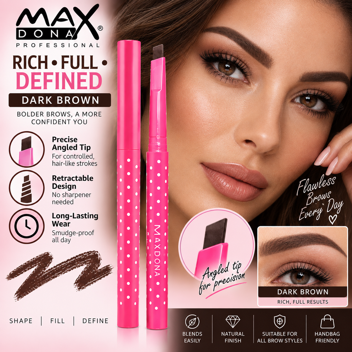 Maxdona Professional Retractable Eyebrow Pencils - Pink Case