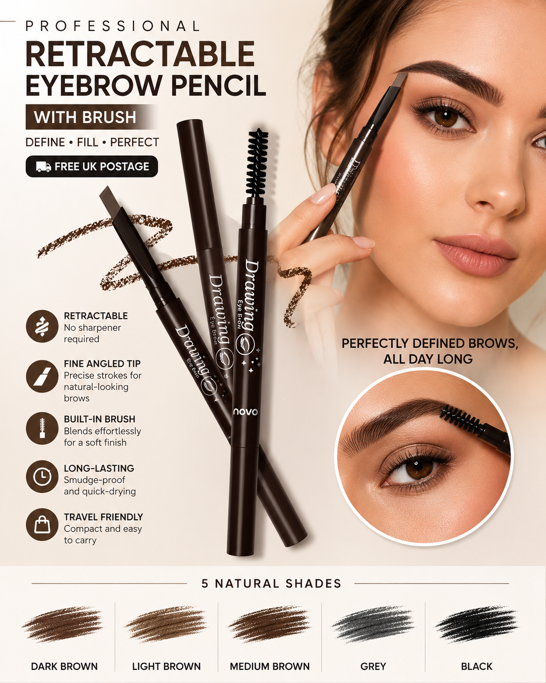 Maxdona Retractable Long Lasting Eyebrow Eye Brow Pencil with Brush