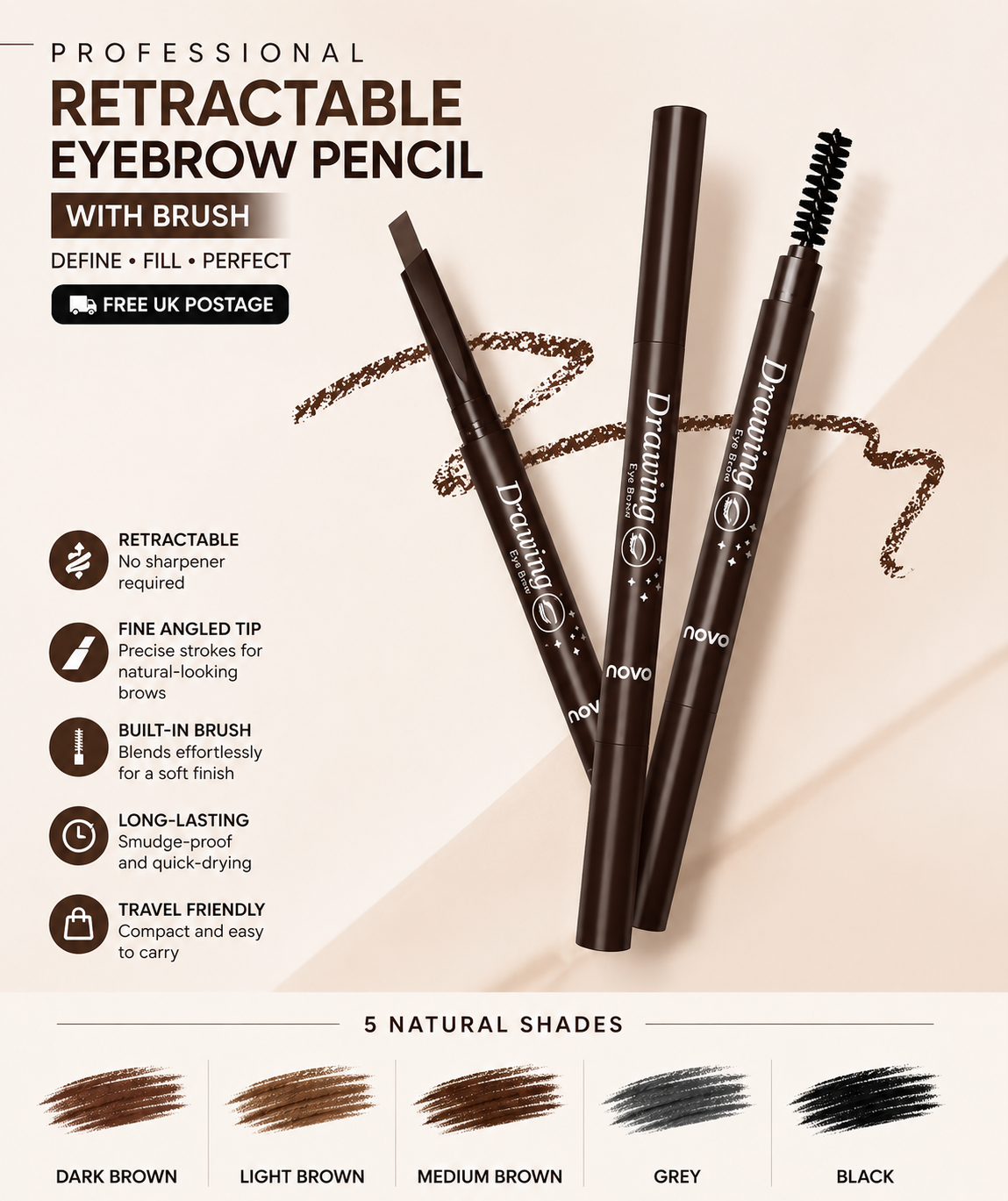 Maxdona Retractable Long Lasting Eyebrow Eye Brow Pencil with Brush