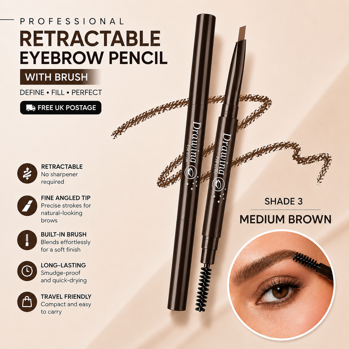 Maxdona Retractable Long Lasting Eyebrow Eye Brow Pencil with Brush