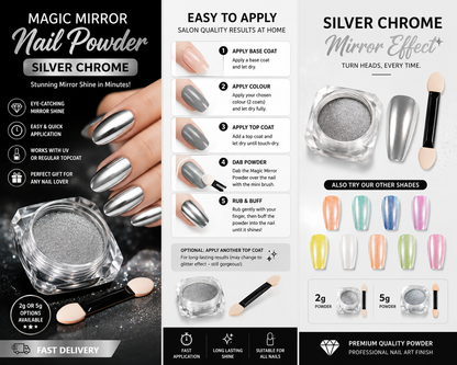 Magic Mirror Effect Nail Powder Nail Dust - Silver Chrome