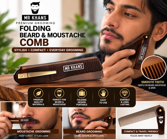 Mr Khan's Flip Moustache Comb – Compact, Durable Beard & Moustache Grooming Tool – Pocket-Sized Perfection