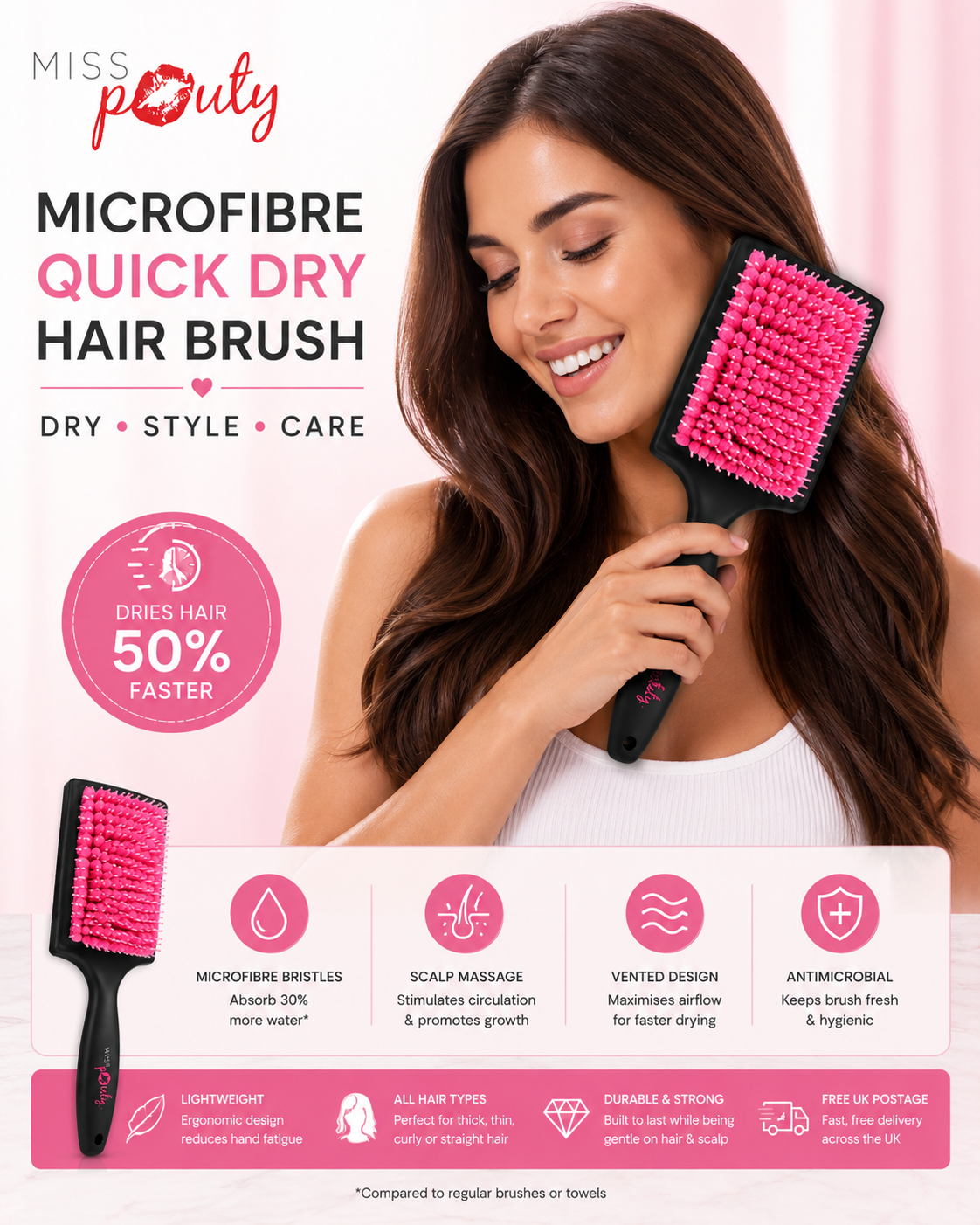 Miss Pouty Large Microfibre Quick Dry Hair Brush – Fast Drying &amp; Scalp Care in One