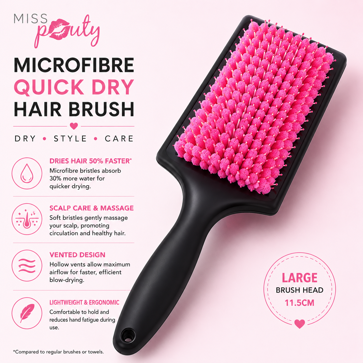 Miss Pouty Large Microfibre Quick Dry Hair Brush – Fast Drying &amp; Scalp Care in One