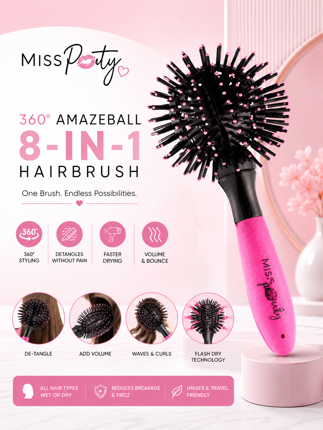 Miss Pouty 360° AmazeBall 8-in-1 Hairbrush – The Ultimate Multi-Function Styling Tool