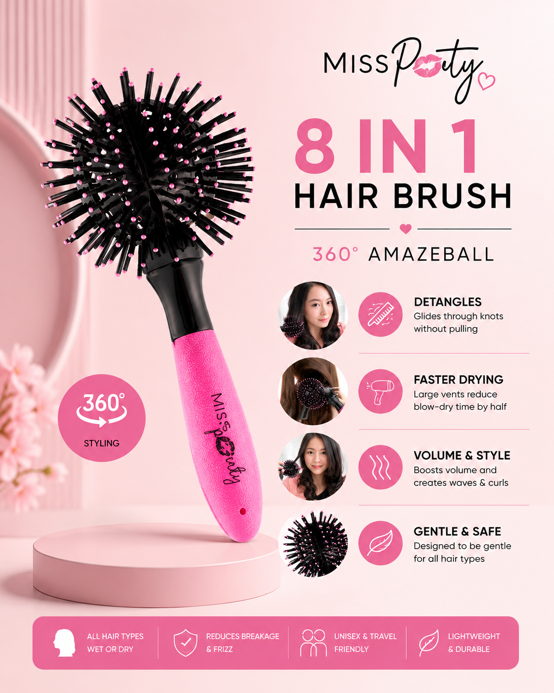Miss Pouty 360° AmazeBall 8-in-1 Hairbrush – The Ultimate Multi-Function Styling Tool