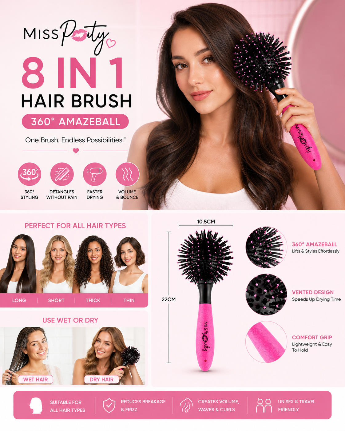 Miss Pouty 360° AmazeBall 8-in-1 Hairbrush – The Ultimate Multi-Function Styling Tool