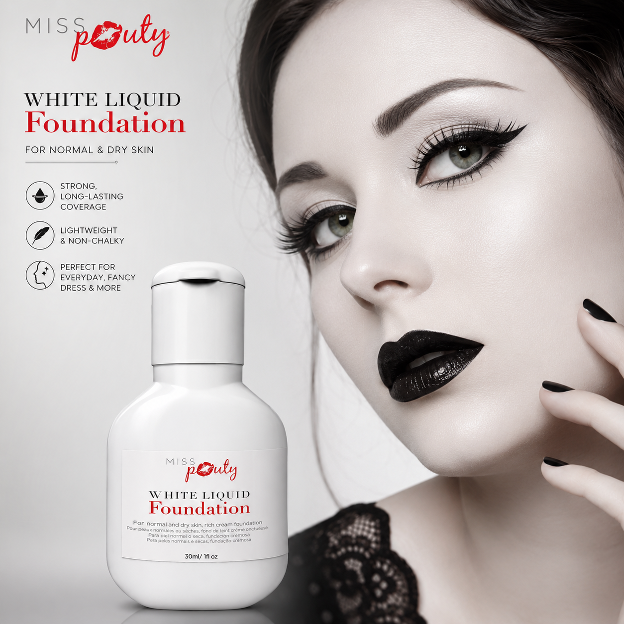 Miss Pouty White Liquid Foundation – Perfect for Everyday Wear & Creative Looks with Delivery