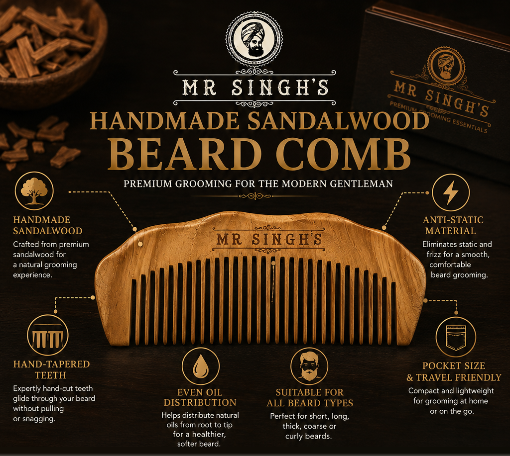 Mr Singh's Handmade Engraved Sandalwood Beard Comb – Premium Grooming for the Modern Gentleman