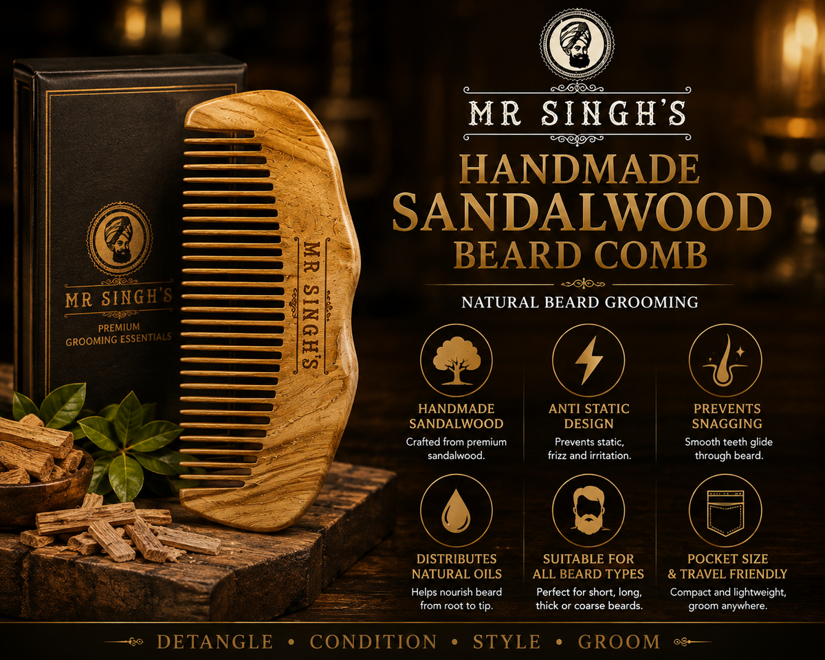 Mr Singh's Handmade Engraved Sandalwood Beard Comb – Premium Grooming for the Modern Gentleman