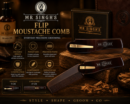 Mr Singh’s Flip Moustache Comb – Compact, Durable Beard & Moustache Grooming Tool – Pocket-Sized Perfection