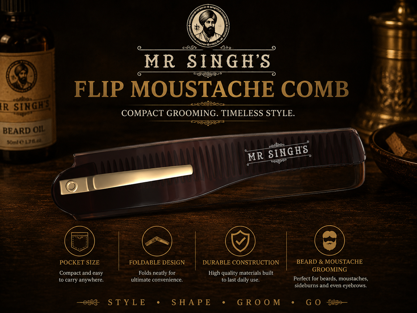 Mr Singh’s Flip Moustache Comb – Compact, Durable Beard & Moustache Grooming Tool – Pocket-Sized Perfection