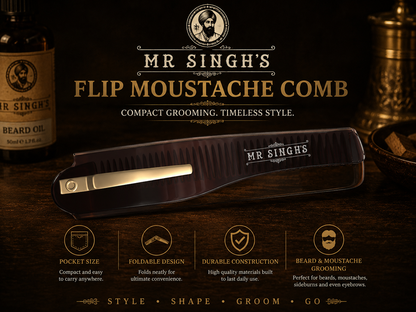 Mr Singh’s Flip Moustache Comb – Compact, Durable Beard & Moustache Grooming Tool – Pocket-Sized Perfection