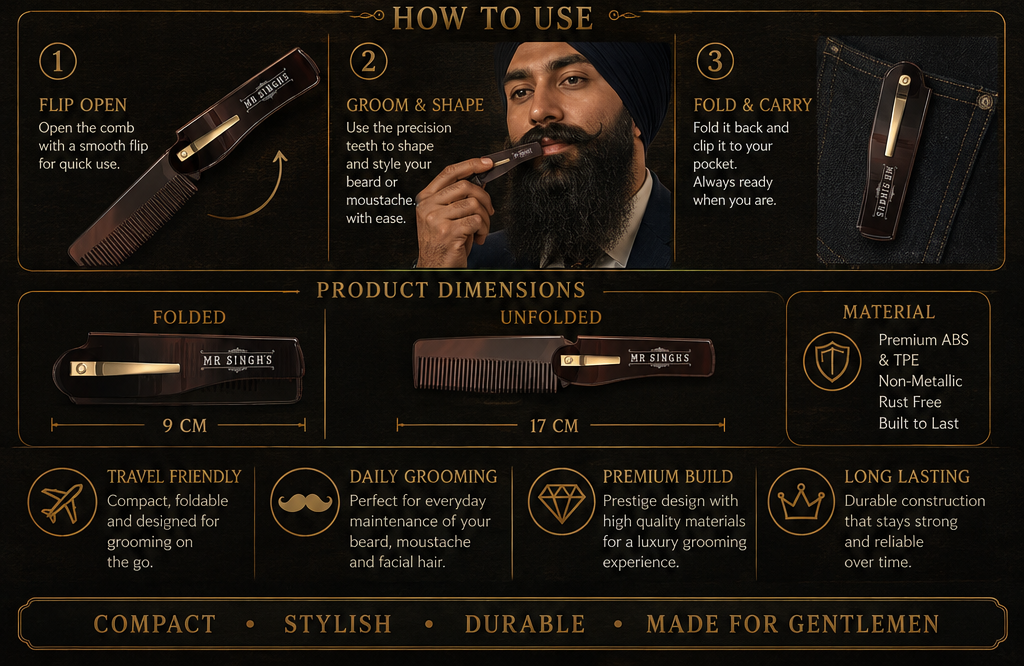 Mr Singh’s Flip Moustache Comb – Compact, Durable Beard & Moustache Grooming Tool – Pocket-Sized Perfection