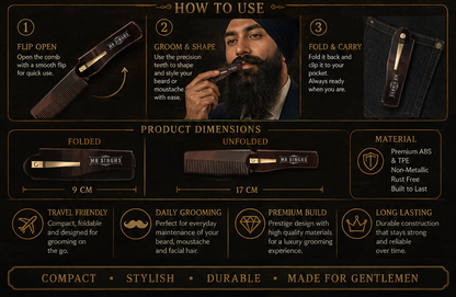 Mr Singh’s Flip Moustache Comb – Compact, Durable Beard & Moustache Grooming Tool – Pocket-Sized Perfection
