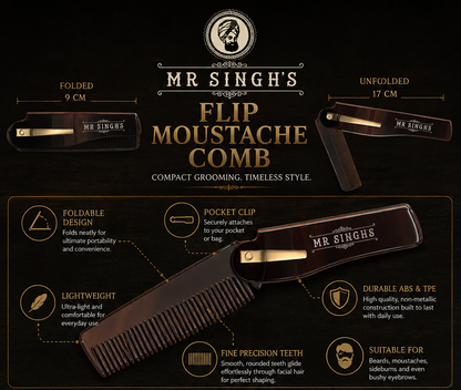 Mr Singh’s Flip Moustache Comb – Compact, Durable Beard & Moustache Grooming Tool – Pocket-Sized Perfection