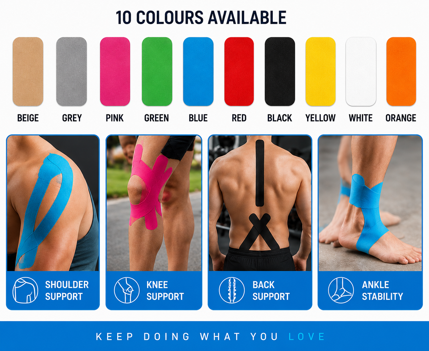 Muscle Tape - Pro- Kinesiology Injury Support Muscle Tape - 5 Metres of 20 PRE CUT Strips - 25cm x 5cm