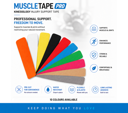 Muscle Tape - Pro- Kinesiology Injury Support Muscle Tape - 5 Metres of 20 PRE CUT Strips - 25cm x 5cm