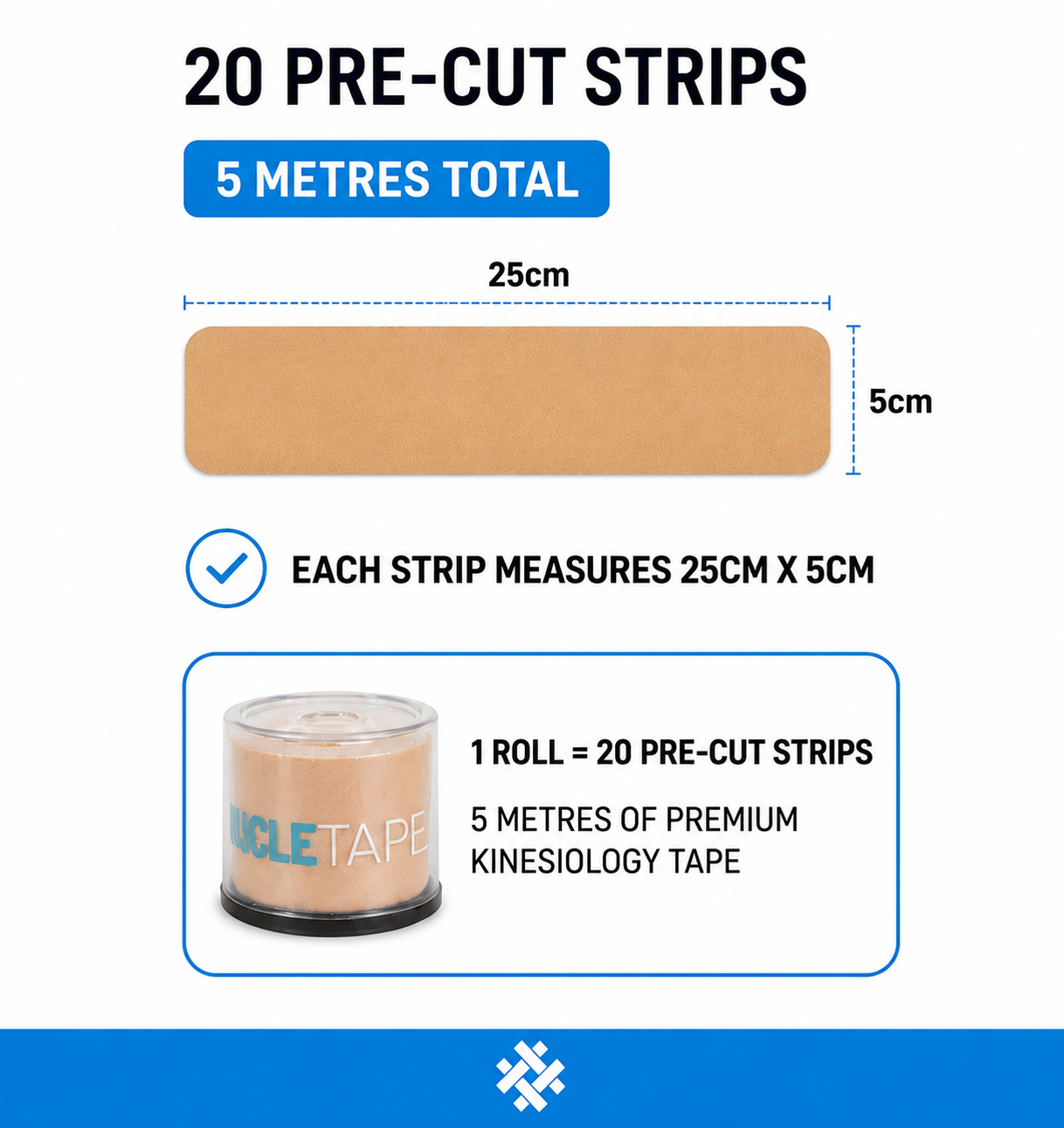 Muscle Tape - Pro- Kinesiology Injury Support Muscle Tape - 5 Metres of 20 PRE CUT Strips - 25cm x 5cm