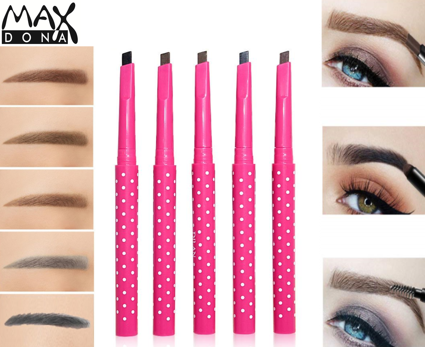 Maxdona Professional Retractable Eyebrow Pencils - Pink Case