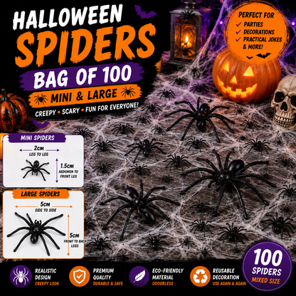 Halloween Spiders Bag of 100 – Mini & Large Black Spider Decorations