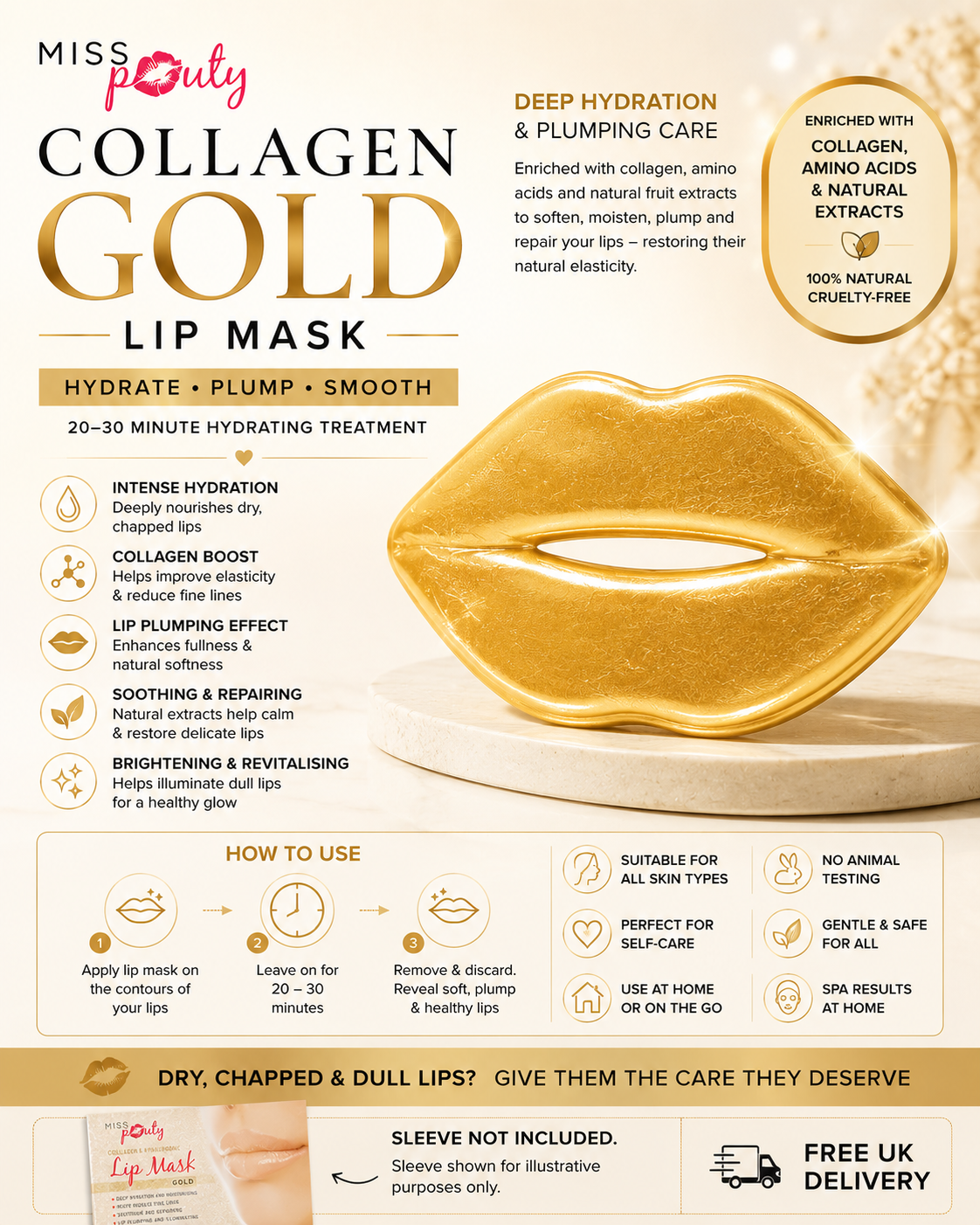 Miss Pouty Gold Collagen Lip Masks – Hydrating & Plumping Lip Treatment