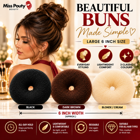 Miss Pouty Hair So Hair Bun Maker in 3 Colours – Large Donut Hair Bun Shaper 6 Inch