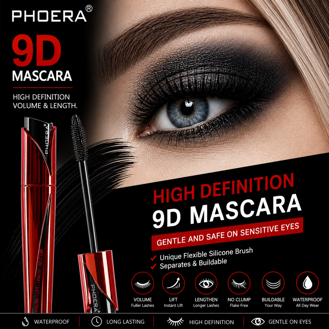 PHOERA 9D Waterproof Mascara – Jet Black Lengthening &amp; Volumising Mascara