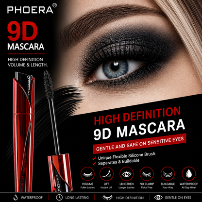 PHOERA 9D Waterproof Mascara – Jet Black Lengthening &amp; Volumising Mascara