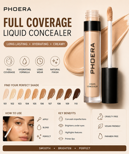 Phoera Concealer Full Coverage Liquid – Flawless, Long-Lasting & Hydrating
